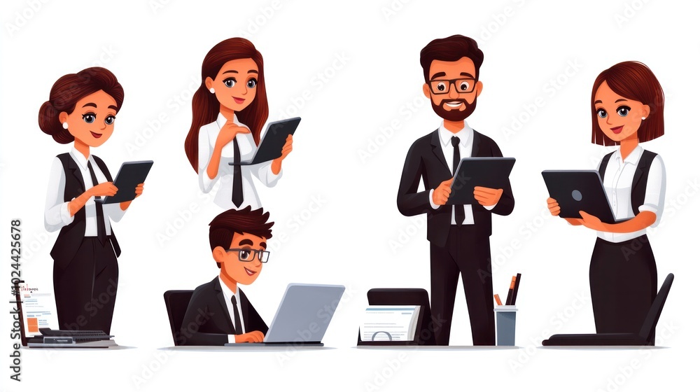 Office staff vector set, depicting a collaborative work environment with characters using laptops and tablets Office staff vector set, depicting a collaborative work environment with characters using laptops and tablets