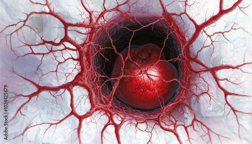 A cross-sectional image of a heart artery clogged with cholesterol plaque, showing the thickened arterial walls and restricted blood supply to the heart. photo