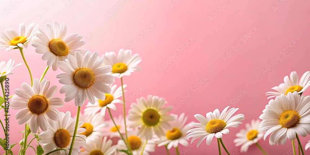 Low angle view of chamomile flowers on pink background Low angle view of chamomile flowers on pink background