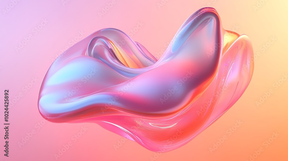 Abstract, iridescent liquid shape with a pink and orange gradient background. Abstract, iridescent liquid shape with a pink and orange gradient background.