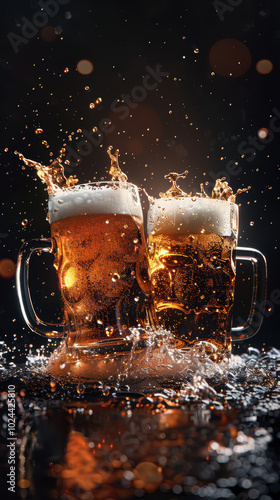 Cheers to the Moment: Two frosty beer mugs collide, sending a burst of golden liquid into the air—a captivating image of friendship, celebration, and pure enjoyment. 