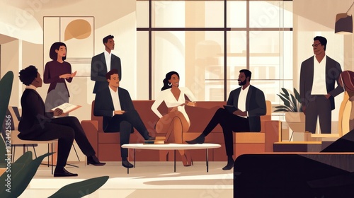 Office team vector illustration, showing a diverse group of colleagues in a modern workspace, engaged in discussions