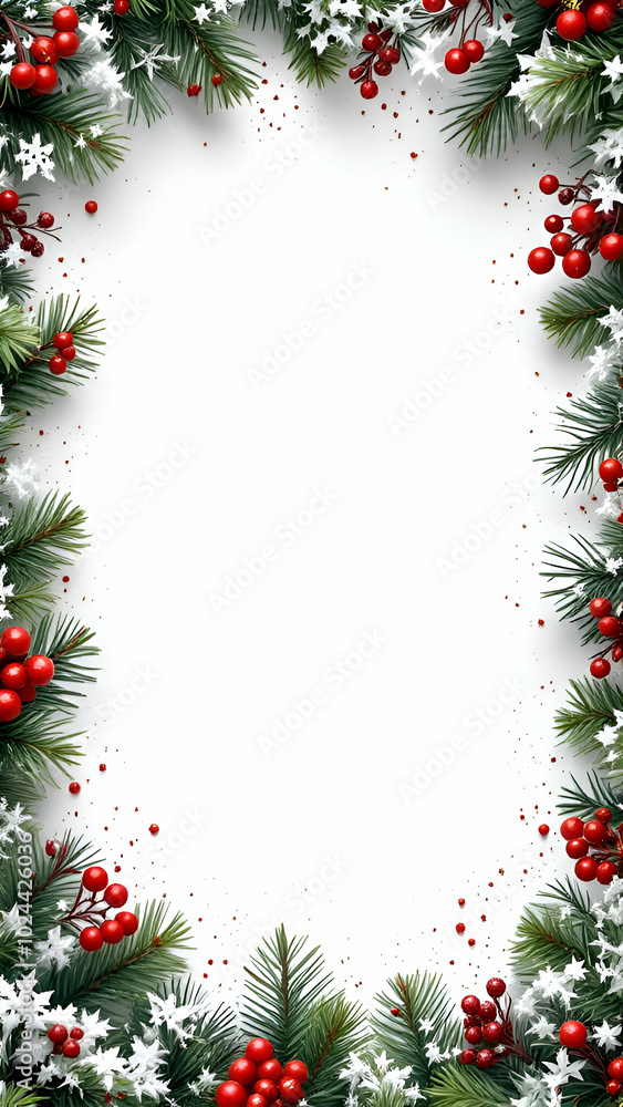 A white background is framed by lush green pine branches adorned with red berries and a dusting of snow. Scattered red berries add a festive touch. A white background is framed by lush green pine branches adorned with red berries and a dusting of snow. Scattered red berries add a festive touch.
