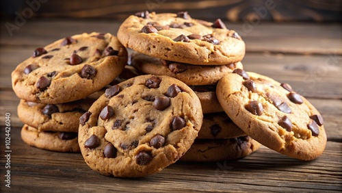 Low angle view of chocolate chip cookies with negative space