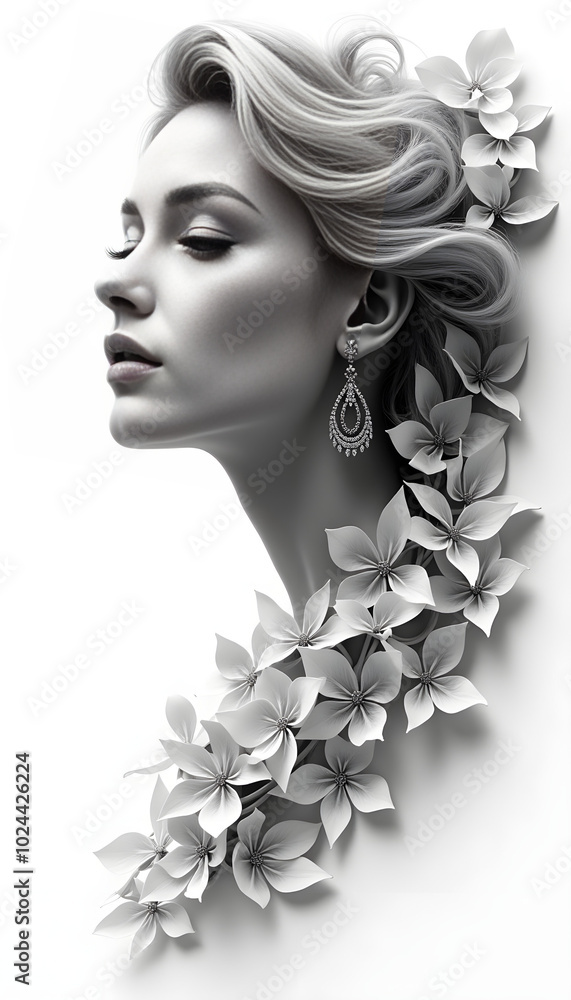 Elegant monochrome portrait of a woman with floral elements, serene expression, artistic design, copy space Elegant monochrome portrait of a woman with floral elements, serene expression, artistic design, copy space