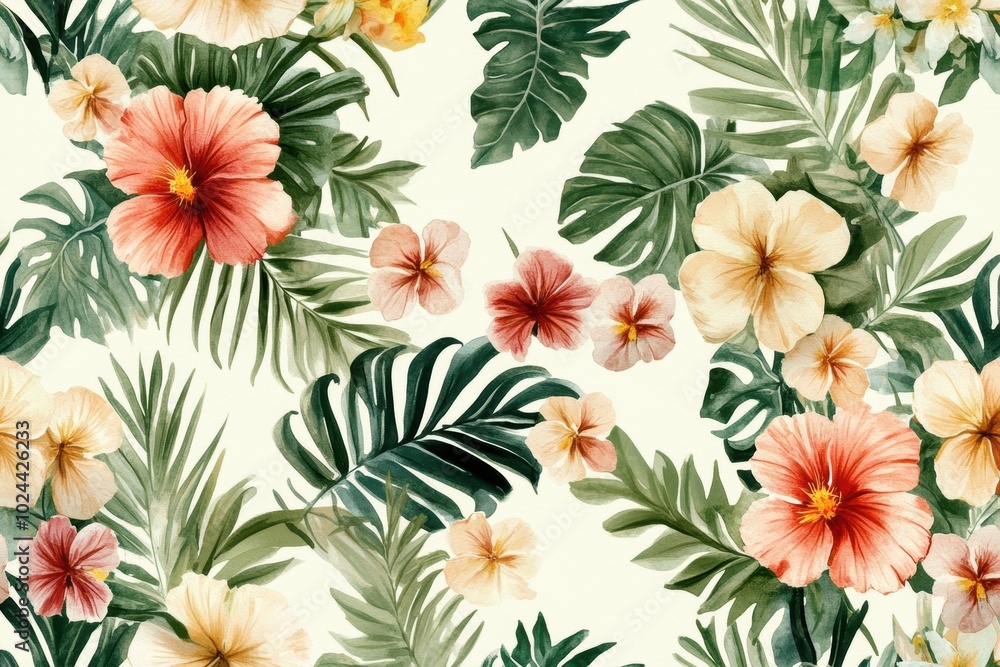 Tropical hibiscus palm leaves pattern Tropical hibiscus palm leaves pattern