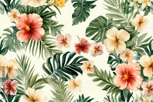Tropical hibiscus palm leaves pattern