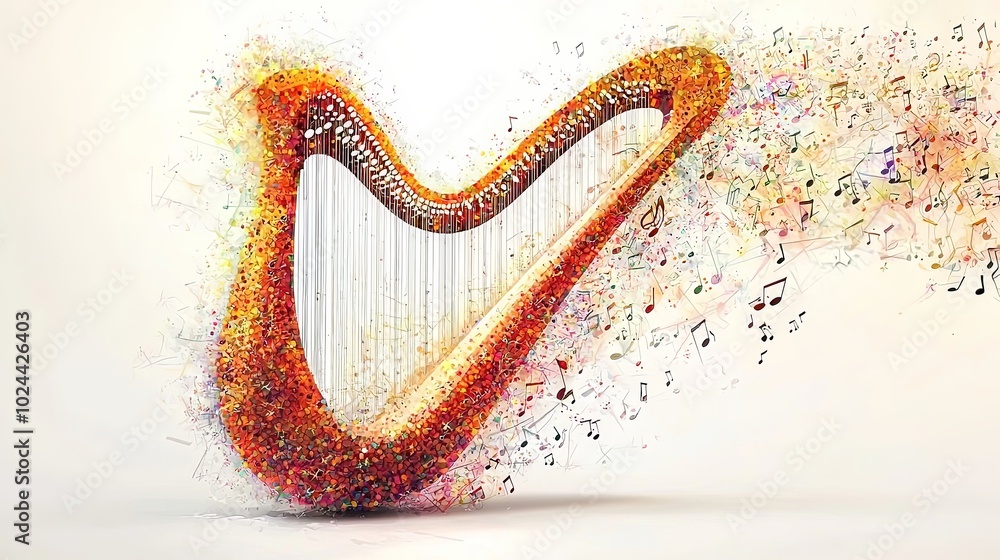 A creative depiction of a colorful harp encircled by vibrant musical notes, symbolizing the power and emotional connection of music through visual art. A creative depiction of a colorful harp encircled by vibrant musical notes, symbolizing the power and emotional connection of music through visual art.