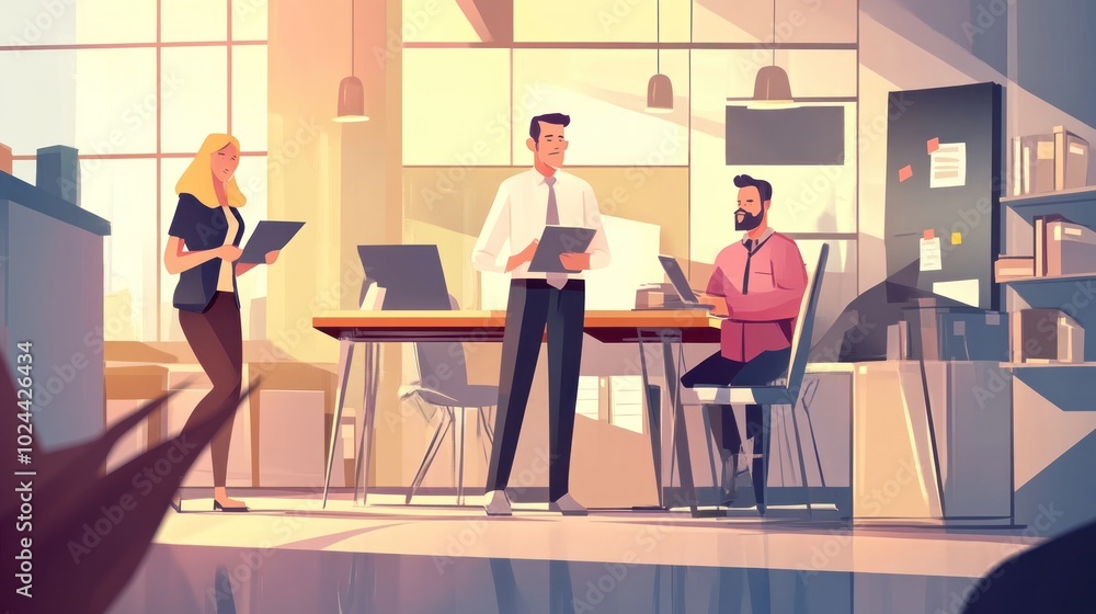 Office workers vector illustration, with characters focused on tasks and working together in a dynamic business environment Office workers vector illustration, with characters focused on tasks and working together in a dynamic business environment