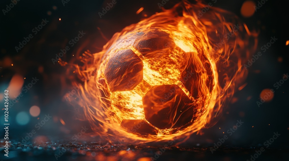 Fototapeta premium A fiery soccer ball surrounded by glowing flames, symbolizing energy and passion for sports.