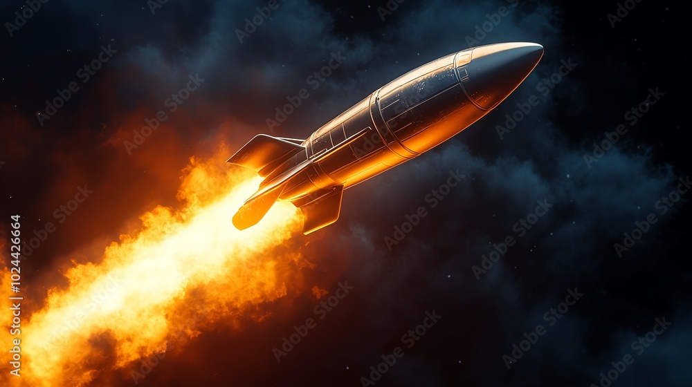 A rocket taking off into space with a trail of fire. A rocket taking off into space with a trail of fire.
