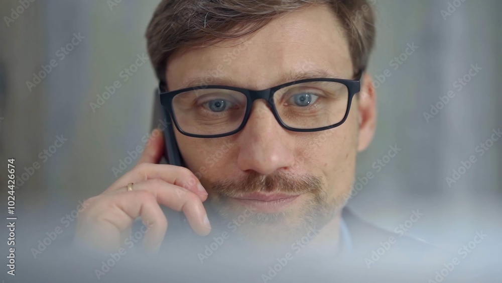 Businessman with glasses speaking on the phone, partially obscured by blurred laptop. Front view and close up portrait Businessman with glasses speaking on the phone, partially obscured by blurred laptop. Front view and close up portrait