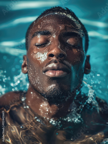 A serene man floats peacefully in water with closed eyes, evoking a sense of calm, relaxation, and tranquility.