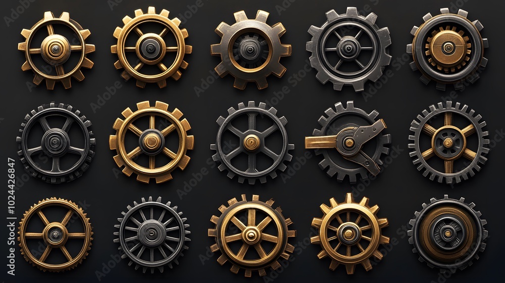 Fototapeta premium A Collection of Golden and Silver Cogs Arranged on a Black Background