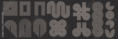 Set of abstract geometric shapes and zen arch with stripe pattern. Vector illustration in trendy bohemian style.