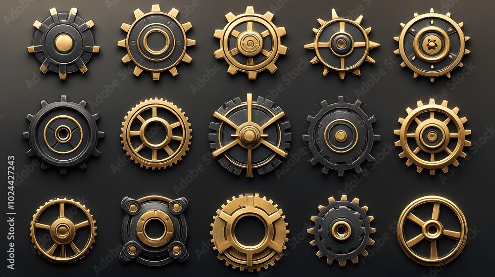 Fototapeta premium Collection of Black and Gold Gear-Like Wheels