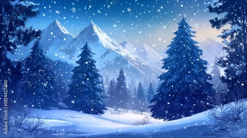 Wallpaper Mural Holiday scene: snowy trees, blue mountains Torontodigital.ca