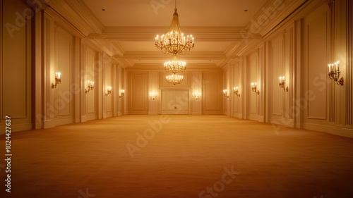 A grand hall bathed in soft golden light emanating from ornate chandeliers, casting a warm glow across the space. 