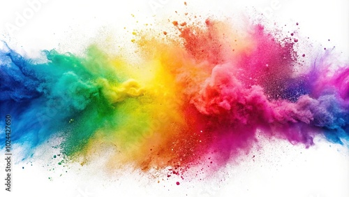 Low angle view of colorful powder explosion on white backdrop