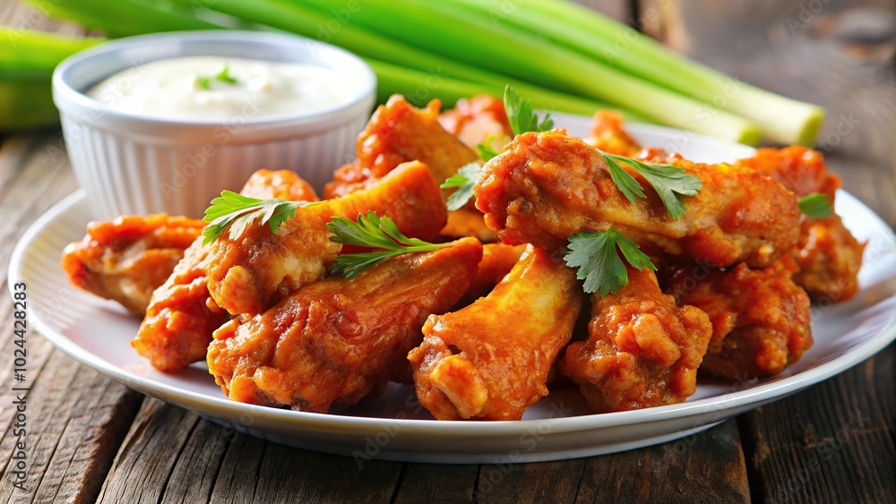 Low angle view of crispy chicken wings, buffalo sauce, blue cheese dressing, celery sticks Low angle view of crispy chicken wings, buffalo sauce, blue cheese dressing, celery sticks