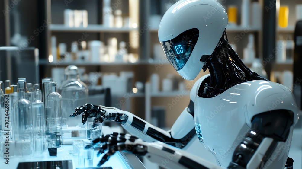 A futuristic robot works in a laboratory, manipulating a glass vial with its robotic hand. A futuristic robot works in a laboratory, manipulating a glass vial with its robotic hand.