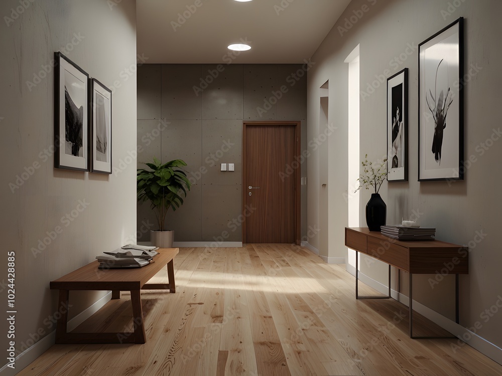 Fototapeta premium Cozy Modern Entryway with Soft Lighting and Elegant Decor