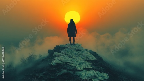 A lone figure stands on a mountaintop, surrounded by money, with a large sun in the background. The scene is bathed in a warm, orange glow.