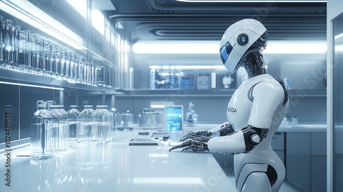 A white robot with a sleek design works in a futuristic laboratory, suggesting the automation of scientific processes.