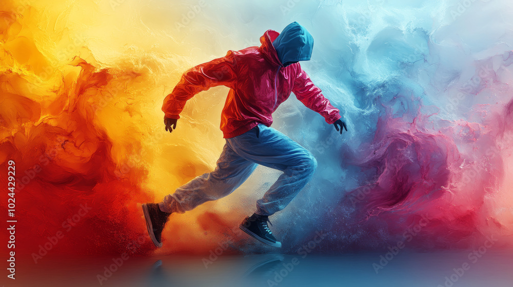 Naklejka premium Abstract Man Break Dancing in a Sleek Tracksuit Style - Digital Art Illustration