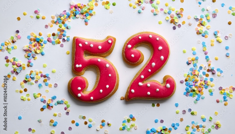 Decorated cookie, number 52, image for birthday or anniversary celebration Decorated cookie, number 52, image for birthday or anniversary celebration
