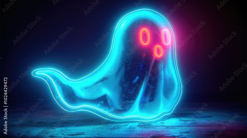Glowing neon ghost in a dark space with ethereal blue and red light effects Glowing neon ghost in a dark space with ethereal blue and red light effects