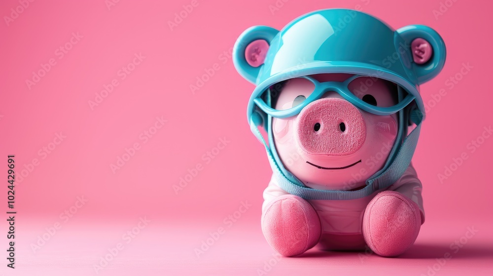 A cheerful pig character wearing a blue helmet sits against a bright pink background A cheerful pig character wearing a blue helmet sits against a bright pink background