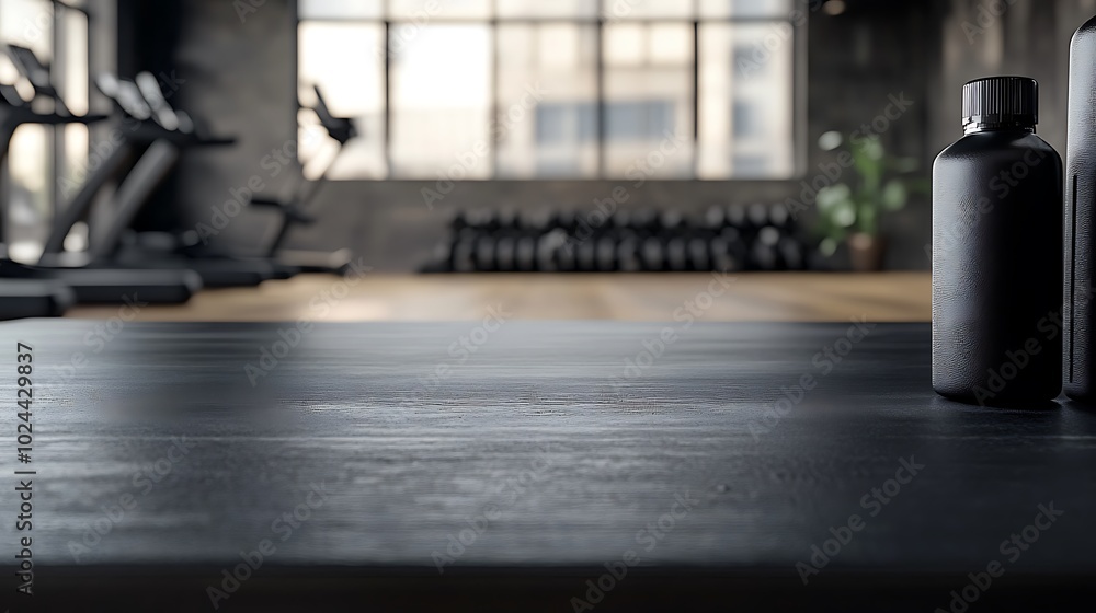 Black table top with gym background for product. Empty countertop mockup for sports nutrition or equipment. Black table top with gym background for product. Empty countertop mockup for sports nutrition or equipment.