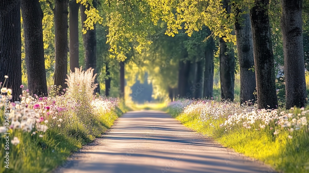 Naklejka premium A beautiful, winding road with trees lining each side.