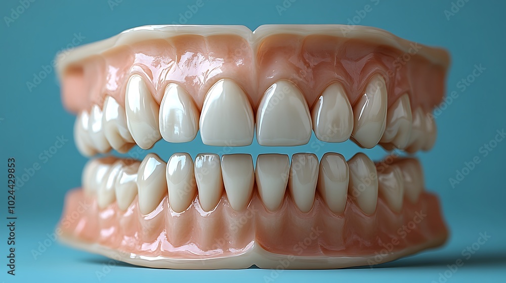 Obraz premium Close-up of a perfect set of human teeth, showing the enamel and gums.
