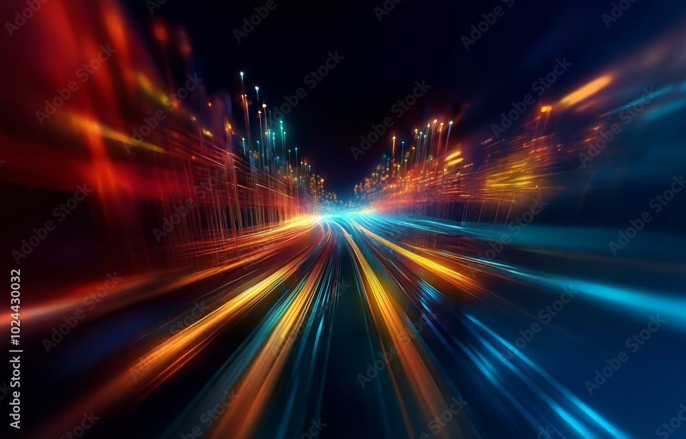 Abstract digital art depicting a fast-moving highway lit by colorful streaks of light. Abstract digital art depicting a fast-moving highway lit by colorful streaks of light.
