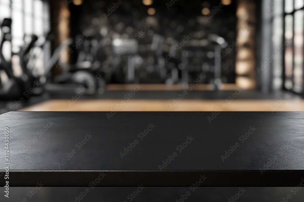 Black table top with gym background for product. Empty countertop mockup for sports nutrition or equipment. Black table top with gym background for product. Empty countertop mockup for sports nutrition or equipment.