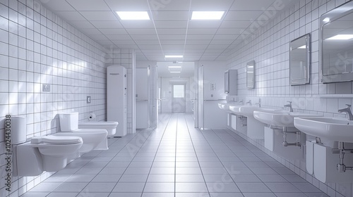 Clean and modern public restroom with white tiles and bright lighting