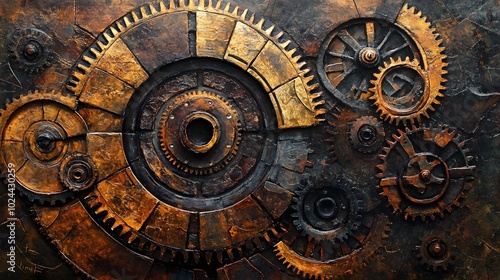 Abstract Close-up of a Gold and Rust-Colored Gear System