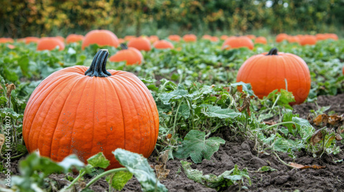 Field of ripe pumpkins ready for harvest with a backdrop of autumn foliage