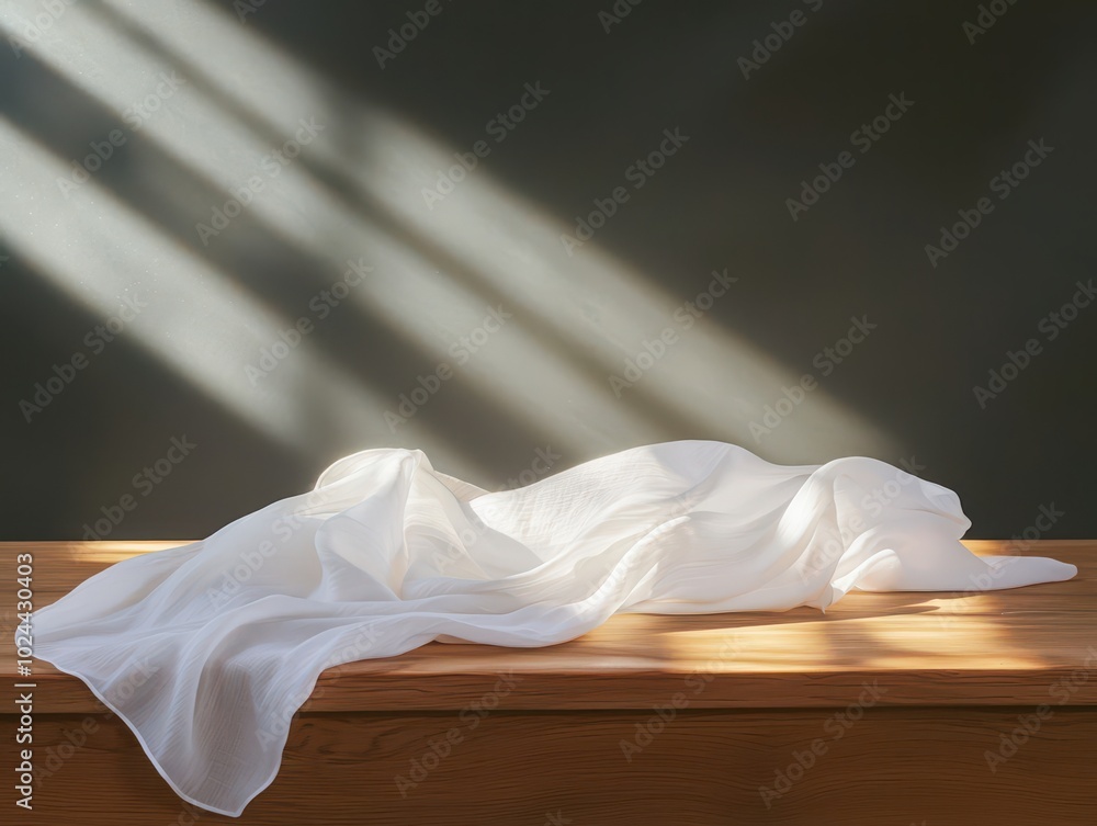A piece of flowing fabric cascades gracefully over a rustic wooden table A piece of flowing fabric cascades gracefully over a rustic wooden table