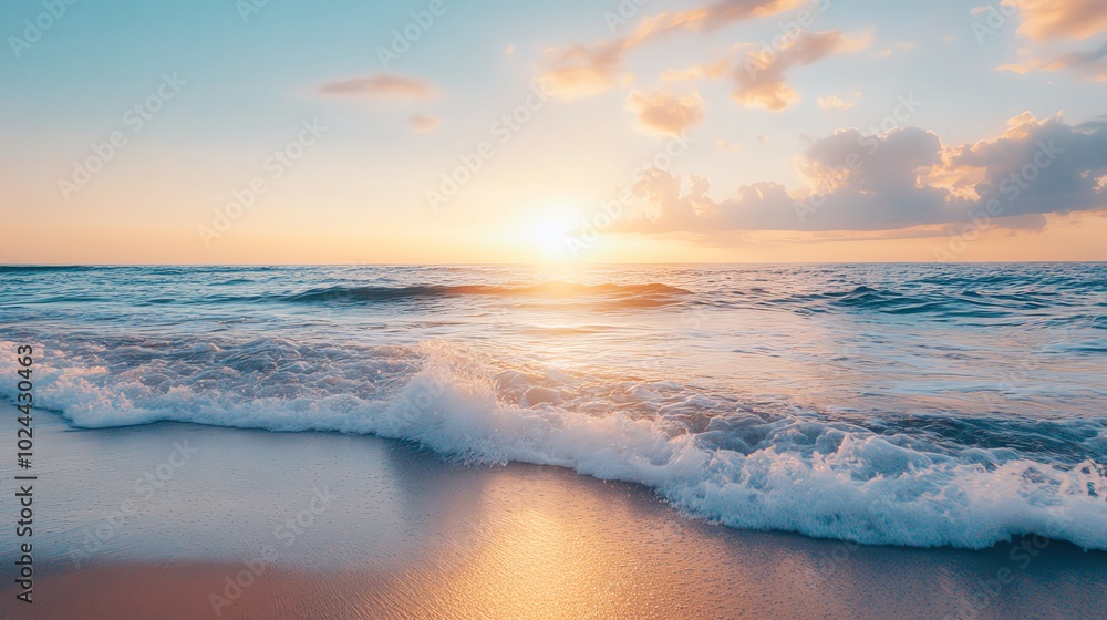 Ocean waves crash on a sandy beach at sunset. Ocean waves crash on a sandy beach at sunset.