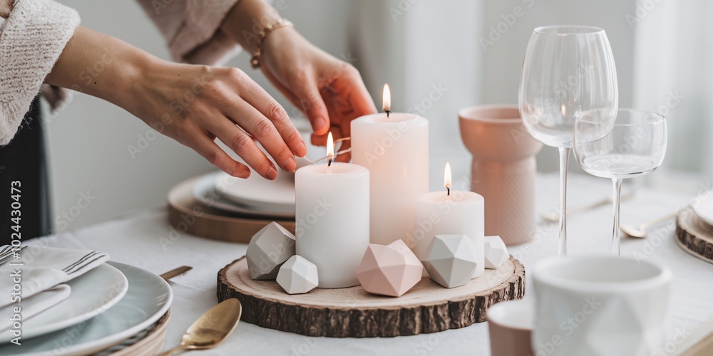 Close-up of a minimalist Valentine’s Day table setting with geometric heart-shaped plates. Close-up of a minimalist Valentine’s Day table setting with geometric heart-shaped plates.