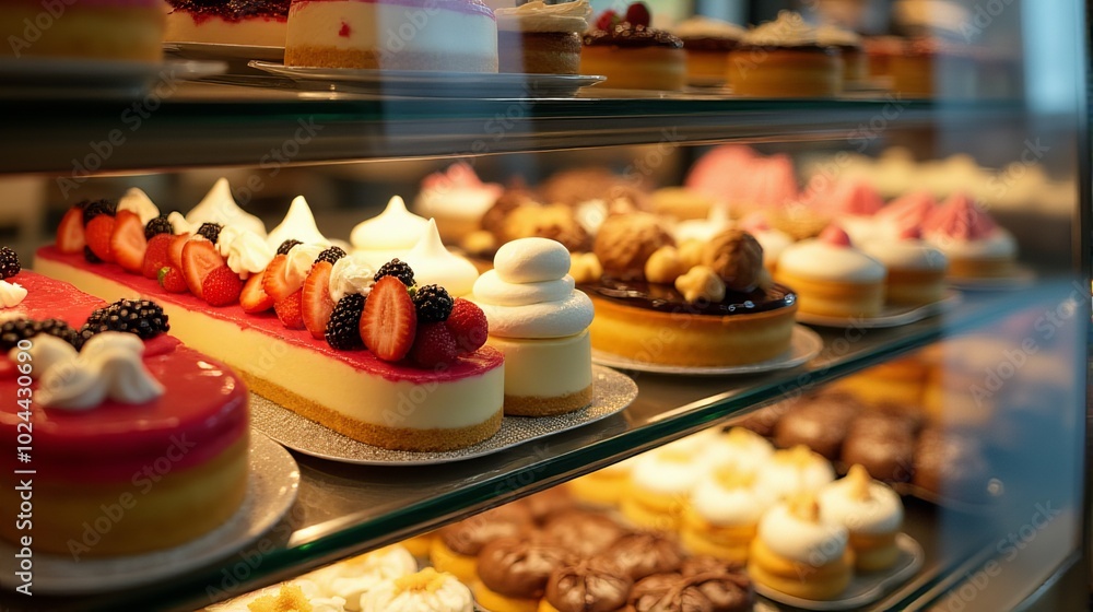 Pastry Display Case Featuring an Array of Exquisite Desserts Include Fruit Tarts with Glossy Glaze, Cheesecakes with Fresh Berries, and other Desserts Pastry Display Case Featuring an Array of Exquisite Desserts Include Fruit Tarts with Glossy Glaze, Cheesecakes with Fresh Berries, and other Desserts