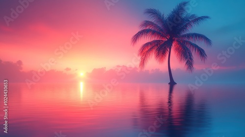 A single palm tree stands tall in the water at sunset, with a colorful sky and clouds reflecting in the still water.