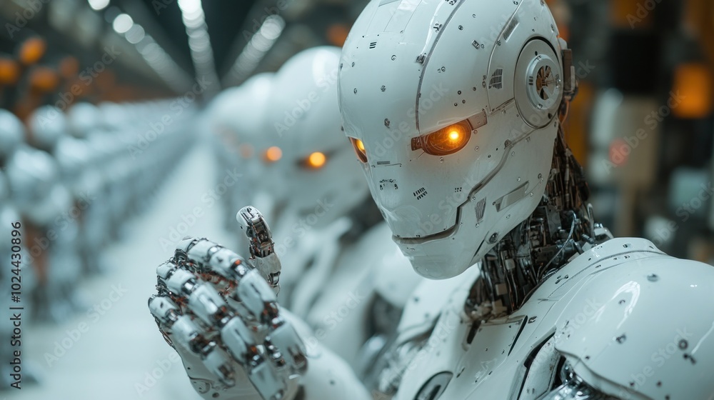 A row of humanoid robots with glowing orange eyes stand in an industrial setting, ready to work. A row of humanoid robots with glowing orange eyes stand in an industrial setting, ready to work.