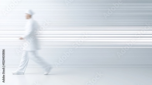 A motion-blurred hospital interior where nurses rush by, creating streaks of motion against the sterile white walls of the medical facility.