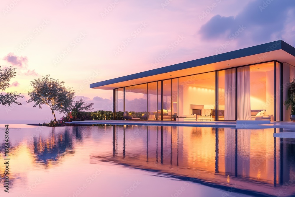A modern, luxurious villa with large glass windows and a beautifully illuminated outdoor A modern, luxurious villa with large glass windows and a beautifully illuminated outdoor
