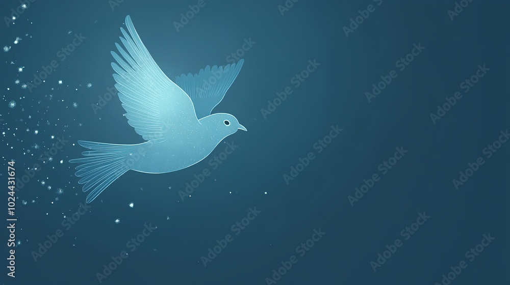 Fototapeta premium A small blue bird flying gracefully in a bright sky, radiating a soft glow. This flat illustration captures the essence of freedom and tranquility, showcasing the delicate features of the bird 