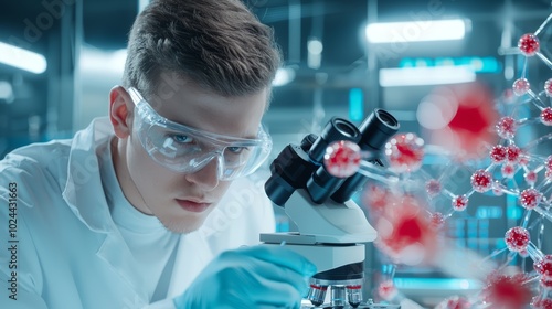 A researcher in a sterile lab, examining a biological sample through a microscope, with molecular models and data charts in the background.